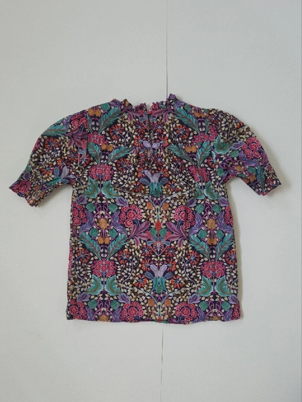J. Crew X Liberty Floral Smocked Neck Top in Purple, Teal & Pink